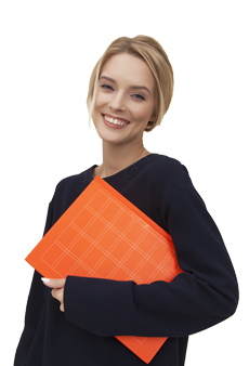 Student holding an orange notebook