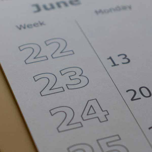 Close-up of calendar showing week numbers